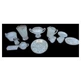 8 PIECES OF AMERICAN FOSTORIA CLEAR GLASSWARE: DIVIDED PLATTER, WATER PITCHER, ICE BUCKET, SYRUP PITCHER, BUTTER DISH LID, 2 CREAMS, SUGAR, DOUBLE-HANDLED FOOTED BOWL; AMERICAN PRESCUT STAR OF DAVID P