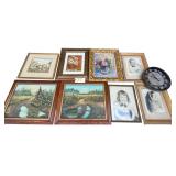 3 FLORAL OIL ON BOARD PAINTINGS, FRAMED AND MATTED FLORAL PRINT BY PAMELA GLADDING, FRAMED AND MATTED WHIPPET PRINT, 3 CHILD PORTRAITS, STERLING & NOBLE CLOCK