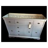 6-DRAWER, 2-DOOR PAINTED BLUE BUFFET W/ MIRRORED GLASS TOP - APPROX. 35” TALL X 49” WIDE X 18” DEEP