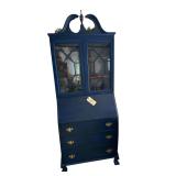 2-DOOR, 3-DRAWER PAINTED BLUE SECRETARY - 77” TALL TO TOP OF FINIAL X 29.75” WIDE X 14.75” DEEP
