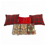 3 CHRISTMAS-THEME PILLOWS, 3 BOXES OF CHRISTMAS ORNAMENTS