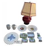 SHOFU CHINA OCCUPIED JAPAN DISH W/ LID AND 2 SMALLER PORCELAIN DISHES, 2 PORCELAIN DECORATOR FRUIT PLATES, ELECTRIC LAMP (WORKING), LACE EDGE GRAPE TRINKET, HAND PAINTED NIAGOTA JAPAN PORCELAIN WALL H