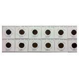 12 AMERICAN INDIAN HEAD PENNIES, 1- 1875, 4-1880, 4-1881, 3-1882