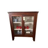 WOODEN DISPLAY CABINET W/ 2 GLASS PANEL DOORS, INTERIOR SHELVING, AND KEYHOLE - APPROX. 47.5” TALL X 39” WIDE X 15” DEEP