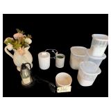 4-PIECE PLASTIC CANISTER SET, RAE DUNN “DEVOUR” DOG BOWL, LARGE DECORATIVE PITCHER W/ ARTIFICIAL FLORAL ARRANGEMENT, DIFFUSER, CANDLE WARMER