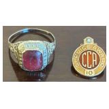MARKED OB 10K WHITE GOLD RING SIZE 5, W RED STONE, 10K 10 YEAR SERVICE AWARD CCA, MARKED 10K GOLD, 3.34 GRAMS COMBINED TOTAL WEIGHT.