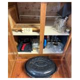 PYREX BAKING DISHES, WOODEN CUTTING BOARDS, CANNING JARS, INSULATED MUGS, CHEESE GRATER, 2 SMALL PYREX LOAF PANS, SKILLET, COOKING PAN, ENAMEL WARE