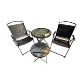GLASS-TOP BISTRO TABLE W/ MATCHING SIDE TABLE; 2 FOLDING CHAIRS AS-IS