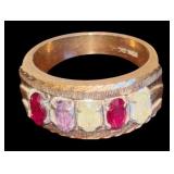 15-A MARKED 10K DC YELLOW GOLD RING WITH MULTI-COLOR STONES, SIZE 6, APPROX. 5.44 GRAMS TOTAL WITH STONES
