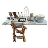 2 BRASS CANDLEHOLDERS, METAL WINE RACK, SEASHELLS, THANKSGIVING SIGN, 2 RESTROOM PRINTS, ASSORTMENT OF SEASHELLS, ORIENTAL STYLE VASE, DECORATIVE CANDLES, “FARMHOUSE” SIGN, ETC.