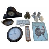 2 BATTERY OPERATED CLOCKS, HAMMERED BRASS FOOTED BOWL, 2 WALL HANGING SIGNS, VINTAGE ADVERTISING THERMOMETER, PAIR OF BOOKENDS, 2 MATCHING WALL SCONCES