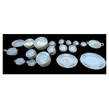 APPROX. 84 PIECES OF EMBASSY USA VITRIFIED CHINA (SOME PIECES CHIPPED/AS-FOUND): SERVING BOWL, TEAPOT, GRAVY BOAT, SUGAR, CUPS, SAUCERS, CASSEROLE DISH W/ LID, SERVING PLATTERS, CUSTARD BOWLS, SOUP BO