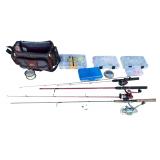 SHAKESPEARE MICRO SERIES 7’6” GRAPHITE FISHING ROD W/ MITCHELL AVOCET II S2000 REEL, SOUTH BEND SR100 6’ FISHING ROD W/ REEL, ZEBCO DOCK DEMON CHILD’S SIZE ROD AND REEL COMBO; OKEECHOBEE FATS 