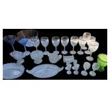 ANCHOR-HOCKING 4 QUART CLEAR GLASS MIXING BOWL, 2 BLUE MARTINI GLASSES, 9 GOLD-RIM WINE GLASSES, ORNATE PATTERN GREEN GLASS GOBLET, STEM SHOT GLASSES, AMERICAN FOSTORIA CLEAR GLASS BOWL, AMERICAN FOST