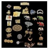 LOT OF VINTAGE PINS AND BROOCHES, GOLD COLOR, CLOISONNÉ STYLE FROG AND ELEPHANTS, OTHERS.