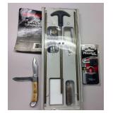 SHOTGUN CLEANING KIT, USED, SMALL MASTER LOCK W KEYS NEW IN PACKAGE, VINTAGE USED 2 BLADE  BONE HANDLE POCKET KNIFE