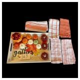 “GATHER” FALL THEME TRAY, MINIATURE DECORATIVE ARTIFICIAL PUMPKINS, 5 TEA TOWELS