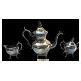 BIRMINGHAM SILVER COMPANY BSC SILVER-ON-COPPER TEAPOT, CREAMER, SUGAR, AND SERVING PLATTER