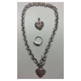 STERLING SILVER LOT; HEAVY WATCH CHAIN, HEART PENDANT, OTHER HEART PENDANT,  RING WITH JADE STONES SIZE 6, UNMARKED ITEMS VERIFIED STERLING BY LOCAL JEWELER. TOTAL WEIGHT IS APPROX.78.36 GRAMS OR 2.52
