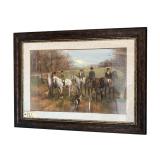 FRAMED FOX HUNTING SCENE PRINT DEPICTING EQUESTRIAN RIDERS, HORSES, AND HOUNDS IN A COUNTRYSIDE SETTING, MATTED W/ DARK DECORATIVE FRAME AND GOLD TONE BEADED TRIM - APPROX. 35” X 47” OVERALL