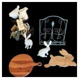 CUTTING BOARD, WOODEN RABBIT DECORATION, 2 COMPOSITE RABBIT FIGURINES, METALLIC RECIPE STAND, 2-TIER ORGANIZER W/ CONTENTS TO INCLUDE CREAM PITCHER AND OTHER CONTENTS