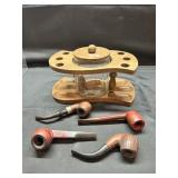 Vtg Pipe Stand/Glass Humidor/Pipes Lot