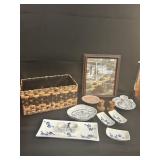 Blue White Dinnerware/Wood Candle Holders and more