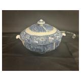 Liberty Blue soup tureen with lid and glass ladle