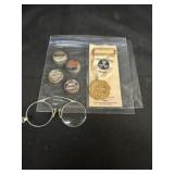 Vtg Bottle Caps/Medallion/Glasses missing one lens