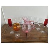 Wine Glasses/Plastic Flamingo Pitcher Lot