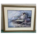 FRAMED PRINT OCEAN ART W LIGHT HOUSE BOAT HOUSE