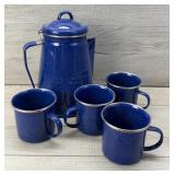 BLUE SPECKLE ENAMELWARE COFFEE POT W CUPS