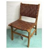 BROWN WOVEN LEATHER & WOOD DINING CHAIR