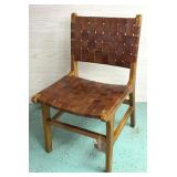 BROWN WOVEN LEATHER & WOOD DINING CHAIR