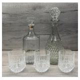 VINTAGE GLASS DECANTERS W CRYSTAL ROCKS GLASSES