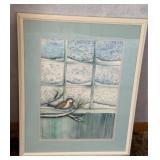DECORATIVE FRAMED WALL ART BIRD IN SNOWY WINDOW