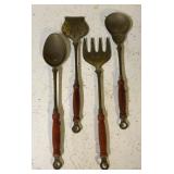 VINTAGE BRASS UTENSIL SET W WOOD HANDLES