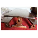 LARGE WOOD DINING TABLE W 2 BENCH SEATS