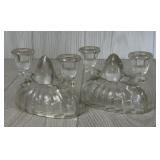 PRESSED GLASS PAIR OF DOUBLE CANDLE STICK HOLDERS
