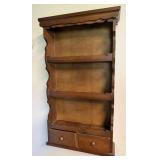 VINTAGE WOOD WALL DISPLAY SHELF W 2 DRAWERS