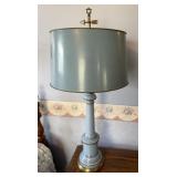 BLUE GLASS TABLE LAMP WITH ORIGINAL DRUM SHADE