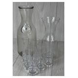 CORDIAL GLASSES & 2 GLASS CARAFE PITCHERS