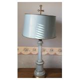 BLUE GLASS TABLE LAMP WITH ORIGINAL DRUM SHADE