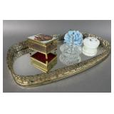 MIRRORED VANITY TRAY W TRINKET BOX & RING HOLDER