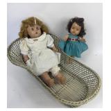 COMPOSITE DOLLS & ANTIQUE WICKER BABY BASSINET