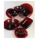 VINTAGE RED GLASSWARE BOWLS PLATES