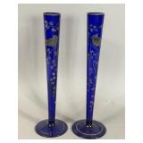 CZECH COBALT BLUE GLASS VASES W BIRD PAIR