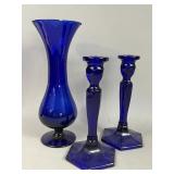 COBALT BLUE FENTON CANDLE STICKS & BLUE VASE