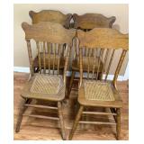 ANTIQUE OAK PRESSBACK SPINDLE CHAIRS W CANE SEAT