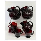 VINTAGE RED GLASS PITCHERS CUPS CREAMER SUGAR